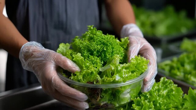 Person is holding a bowl of lettuce. The lettuce is green and is in a plastic container. unwashed hands touching prepackaged salad &ndash; improper food handling, listeria