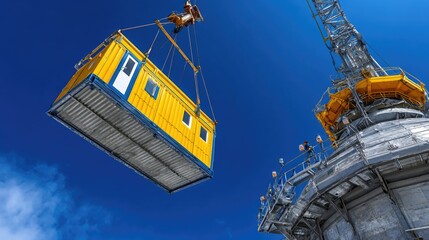 Fototapeta premium Crane Lifts Yellow Shipping Container at Construction Site Against Clear Blue Sky