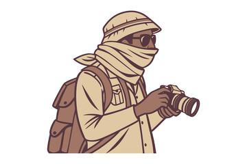 Adventurous explorer with camera captures wildlife in remote desert landscape