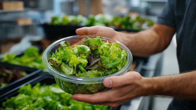 Man is holding a bowl of greens. The greens are in a plastic container. The container is on a table. unwashed hands touching prepackaged salad &ndash; improper food handling, listeria