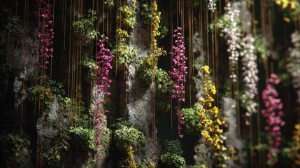A serene wall of green vegetation covered with vines and hanging colorful flowers on a rock surface with a natural jungle theme.