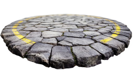 Circular road made from cracked stone pavement isolated on white background

