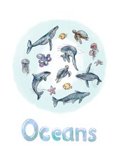 Watercolor postcard International Day of Oceans, Whales and Fish5