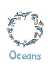 Watercolor postcard International Day of Oceans, Whales and Fish3