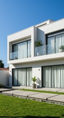 Fototapeta premium Modern white residence with glass balcony and lush green lawn.