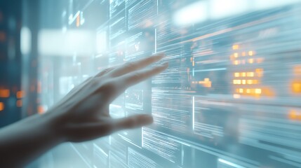 A hand interacts with a futuristic digital data interface