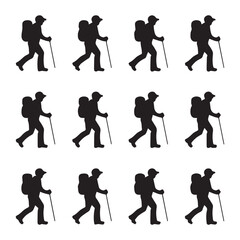 Obraz premium Adventurous hiker silhouettes with backpacks and trekking poles for outdoor exploration campaigns