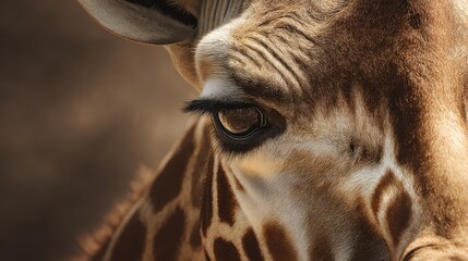 Obraz premium Close-up of a giraffe's eye, highlighting its unique features and beautiful patterns on its fur. A serene and majestic wildlife portrait.