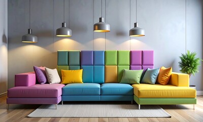 Modern L-Shaped Sectional Sofa with Colorful Blocks and Stylish Industrial Pendant Lighting in Contemporary Living Room