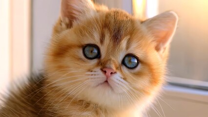 Golden British Shorthair kitten gazing curiously, soft fur glowing under gentle light, piercing blue eyes highlighting adorable feline features