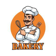 Cheerful chef with a mustache holding a whisk and spatula, ready to bake delicious treats in a bakery.