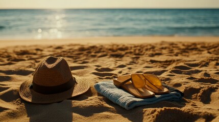 sunny setup with towel, sandals, and sunscreen for beach sunbathing