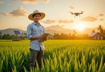 Farmer uses drone and tablet technology in a vibrant green rice field at sunset