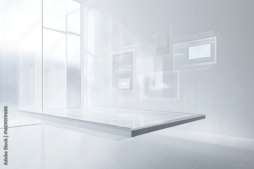 Poster futuristic digital interface displaying data on a sleek platform