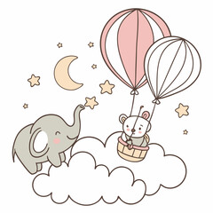Baby girl flying with balloons in cute cartoon vector illustration with animals and hearts