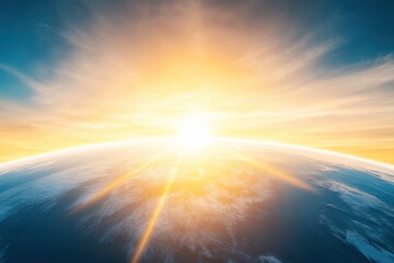 Golden Sunrise Over the Horizon: A breathtaking aerial view of the Earth at dawn, where a vibrant sunrise paints the sky, casting a golden glow over the horizon.