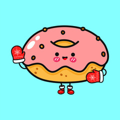 A happy cartoon donut with pink frosting and red mittens on a blue background.