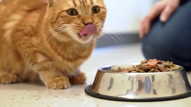 closeup on pet on floor of shelter. volunteer feeding orange cat with bowl of food. national animal safety and protection month