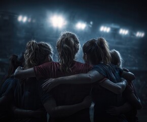 a group of female football players standing in a circle before the match