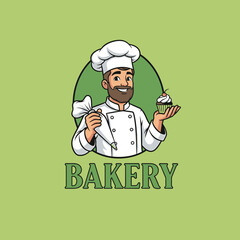 A friendly cartoon baker with a beard holds a cupcake and a piping bag for a bakery logo.