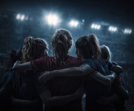 a group of female football players standing in a circle before the match
