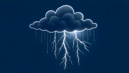 Dramatic Storm Cloud with Bright Lightning and Rain Illustration on a Dark Blue Background