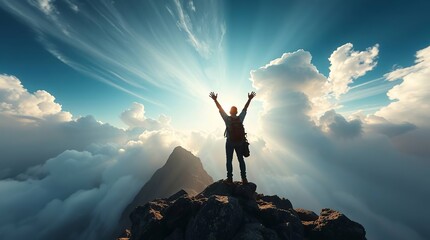 Reaching New Heights: A lone figure stands triumphantly atop a rugged peak, arms raised towards a breathtaking vista of fluffy clouds.