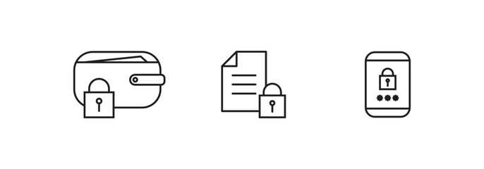 Line art icons of a locked wallet a locked document and a locked smartphone with a password