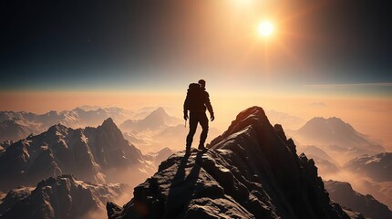 Summit Triumph: An isolated figure stands triumphantly atop a mountain peak, silhouetted against a brilliant sun, embodying the spirit of conquering challenges and achieving goals