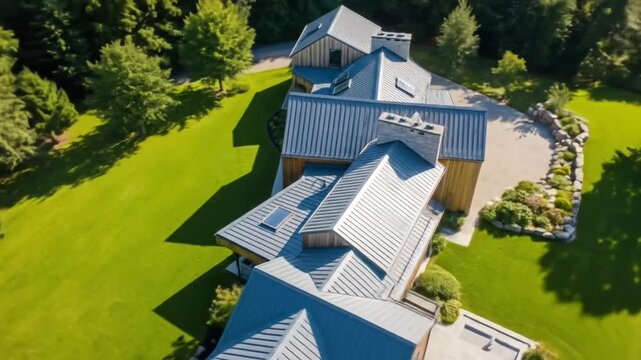 Timber facade architecture of modern residential villas with blue gabled roofs and wooden cladding in a lush natural setting