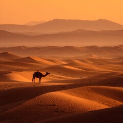 Majestic Camel Silhouette in the Golden Hour of the Sahara Desert Landscape