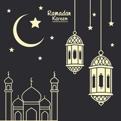 Bird in Cage and Mosque Vector Illustration at Night