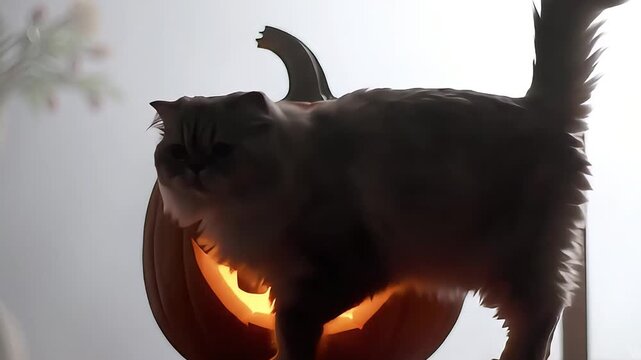 A Cinematic Zoom on a Black Cat and Jack-o'-lantern Seen Through a Rainy Window

