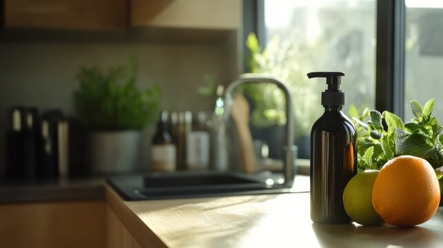 Zero-waste room deodorizer bottle next to sustainable products,
