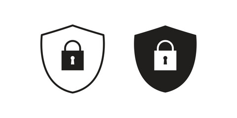 Set of Paired security icons outline shield with black padlock