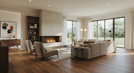 Fototapeta premium Design Details of Beautiful living room interior with hardwood floors and fireplace in new luxury home. Large bank of windows hints at exterior view