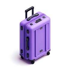 Fototapeta premium 3D icon of a suitcase, in a purple color with black stickers on it, against a white background, with no shadows or reflections.