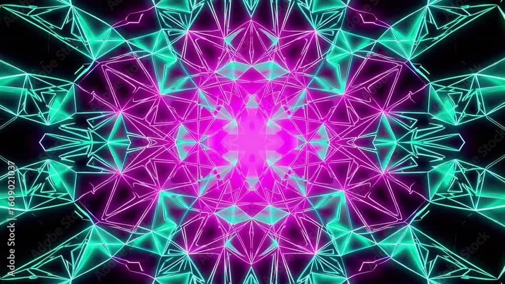 Poster geometric kaleidoscope pattern with vibrant colors and intricate designs. a dynamic and mesmerizing 