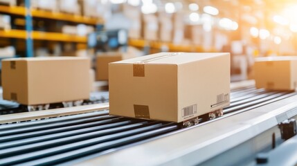 Closeup of multiple cardboard boxes moving seamlessly on a conveyor belt in a warehouse fulfillment center, showcasing e-commerce logistics, automated delivery systems, and product packaging for moder