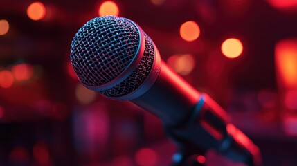 Close-up microphone in vibrant nightclub lights