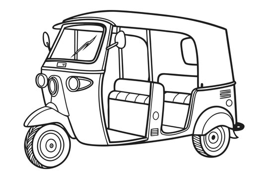 Vector line art illustration of a classic Asian auto rickshaw or tuk-tuk.
