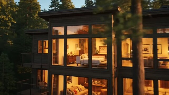 Timber facade architecture of glass-fronted modern forest house with warm interior lighting