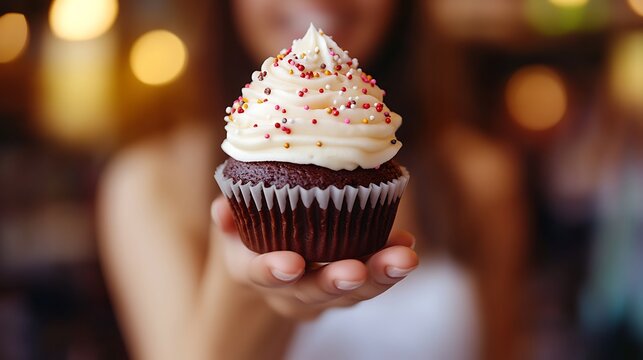 Female cute girl holding a chocolate cupcake topped with white frosting and sprinkles set against an elegant retaurant blurred background - Powered by Adobe