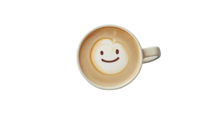 Mug of coffee with sad smiley face on foam on white background