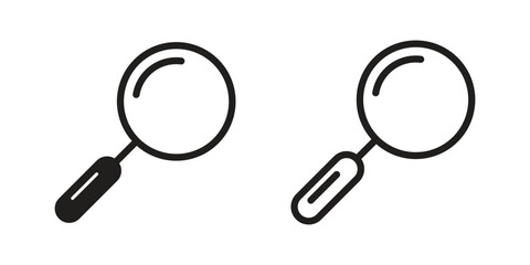 Two black and white magnifying glass icons one solid and one outlined on a plain white background