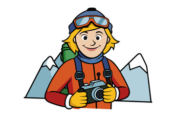 Smiling cartoon mountaineer with camera capturing scenic mountain views during an outdoor adventure