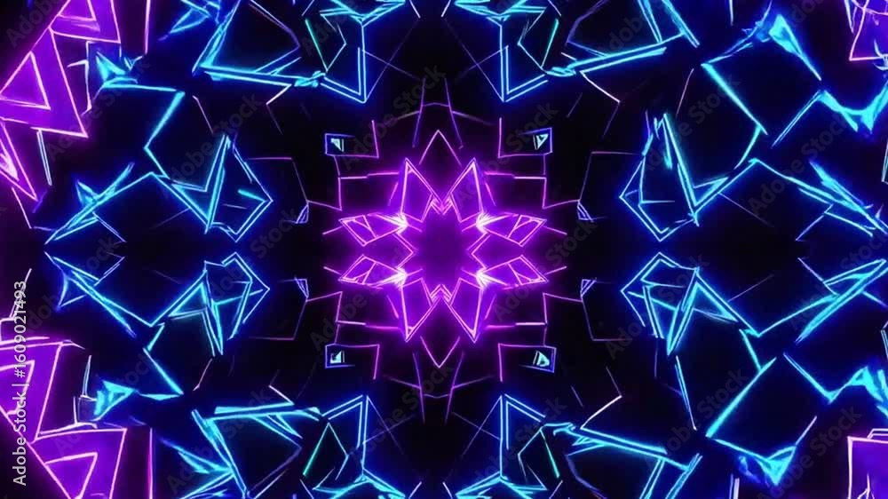 Poster abstract geometric neon lights and patterns in kaleidoscope design. the vibrant colors and intricate
