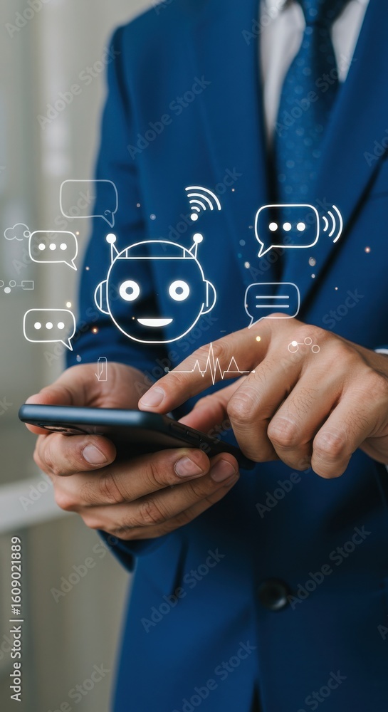 Poster ai communication with smartphone and chatbot. digital illustration of modern tech interaction. busin