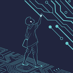 Man walking through a maze in artistic silhouette style illustration
