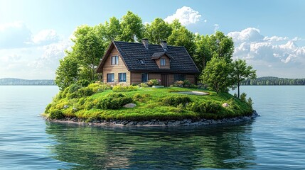Lakeside house on idyllic island, summer day